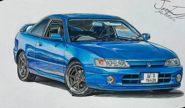 Drawing of a glossy blue AE111 Toyota Levin with bronze alloy wheels
