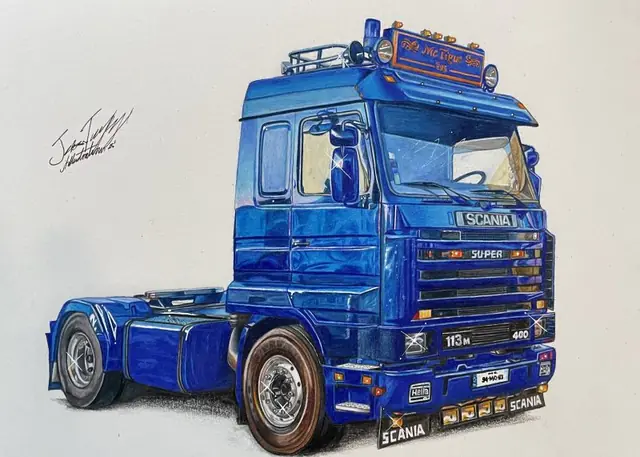 Drawing of a deep blue Scania 113 Super truck unit with roof lights