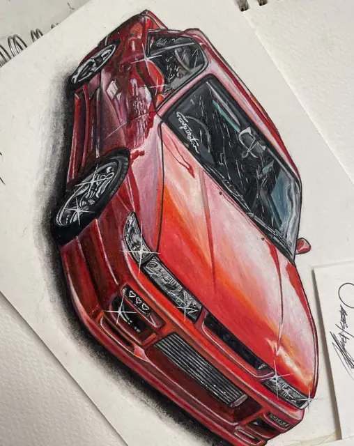 Drawing of a red Nissan Silvia PS13 seen from above and the front with chrome wheels