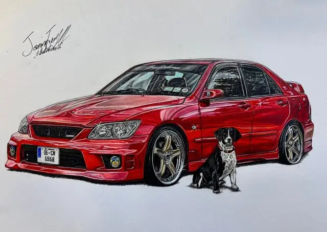 Drawing of a red sedan with gold wheels and a black and white dog sitting beside it