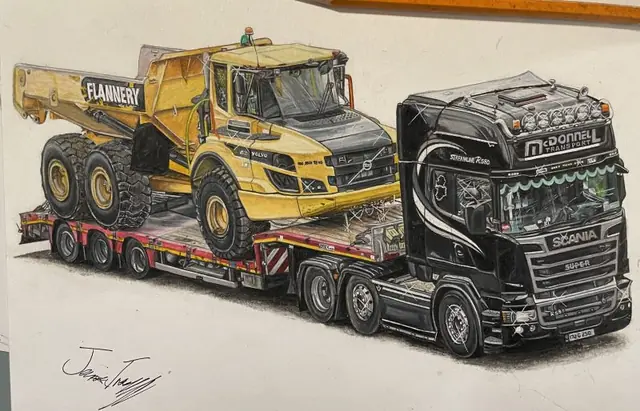 Drawing of a black Scania low loader carrying a yellow Volvo articulated dumper truck