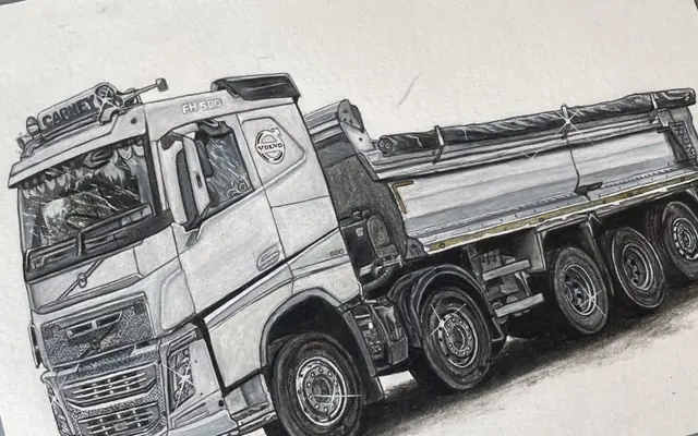 Black and white style drawing of a Volvo FH eight-wheel tipper truck
