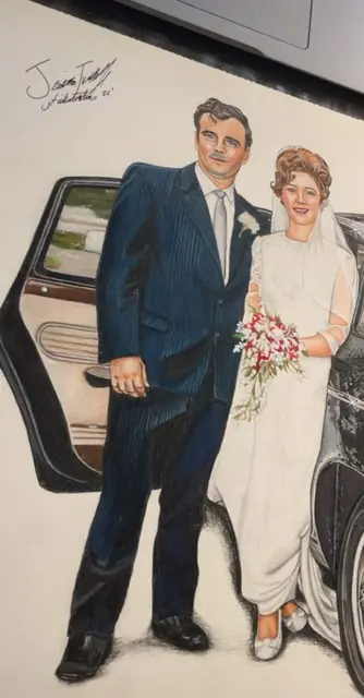 Portrait drawing of a bride and groom standing beside a classic black car