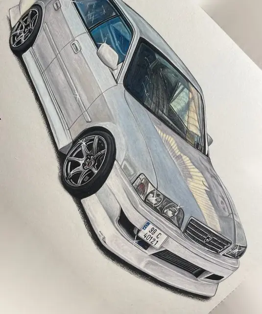 Drawing of a white Toyota Chaser sedan seen from above and the front
